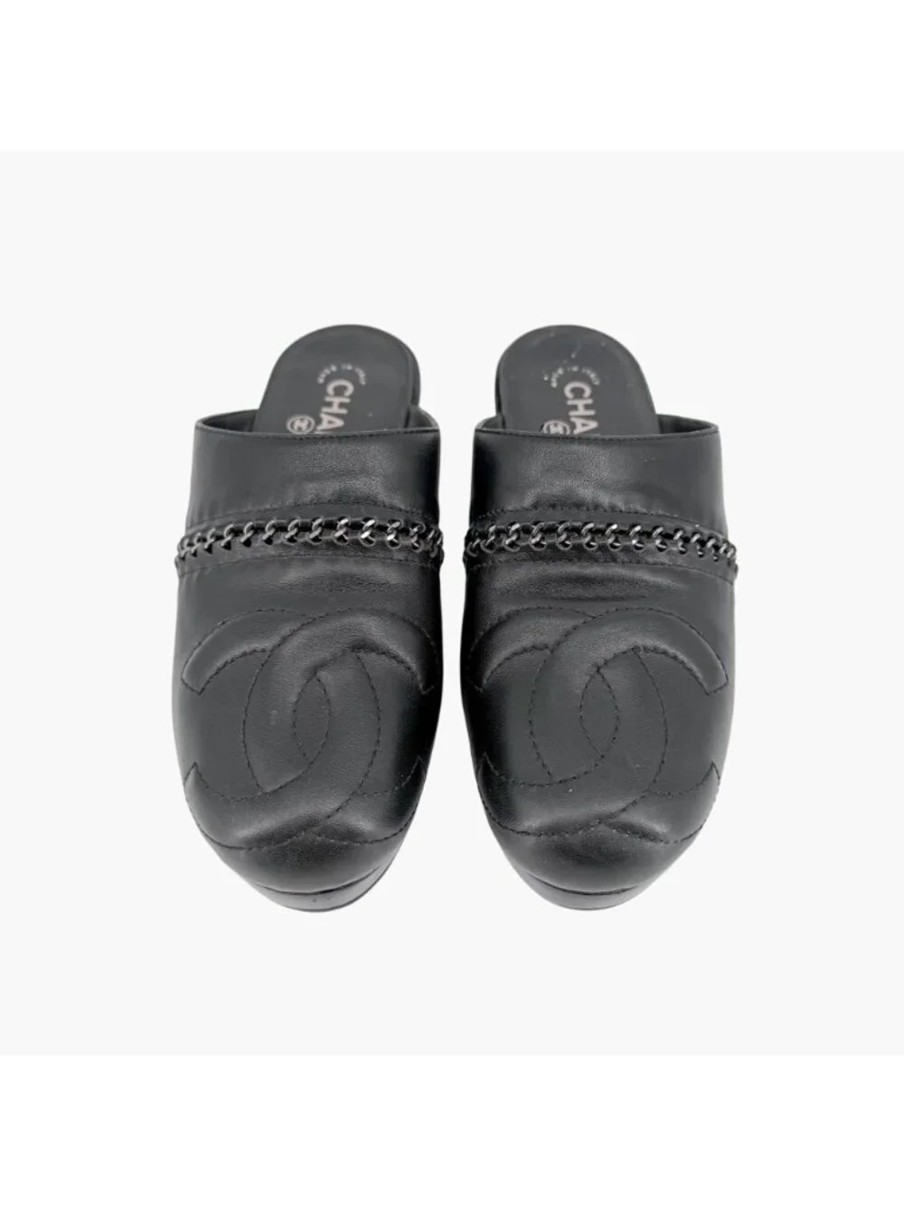 Chanel Black Leather CC Chain Mule Slip On Clogs Flats Size 36 US 5–5.5 Women's